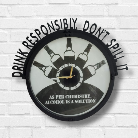 Drink Responsibly Wall Clock – Quirky Bar Decor with “Alcohol is a Solution” Quote (12 Inch, External Fairy Light)