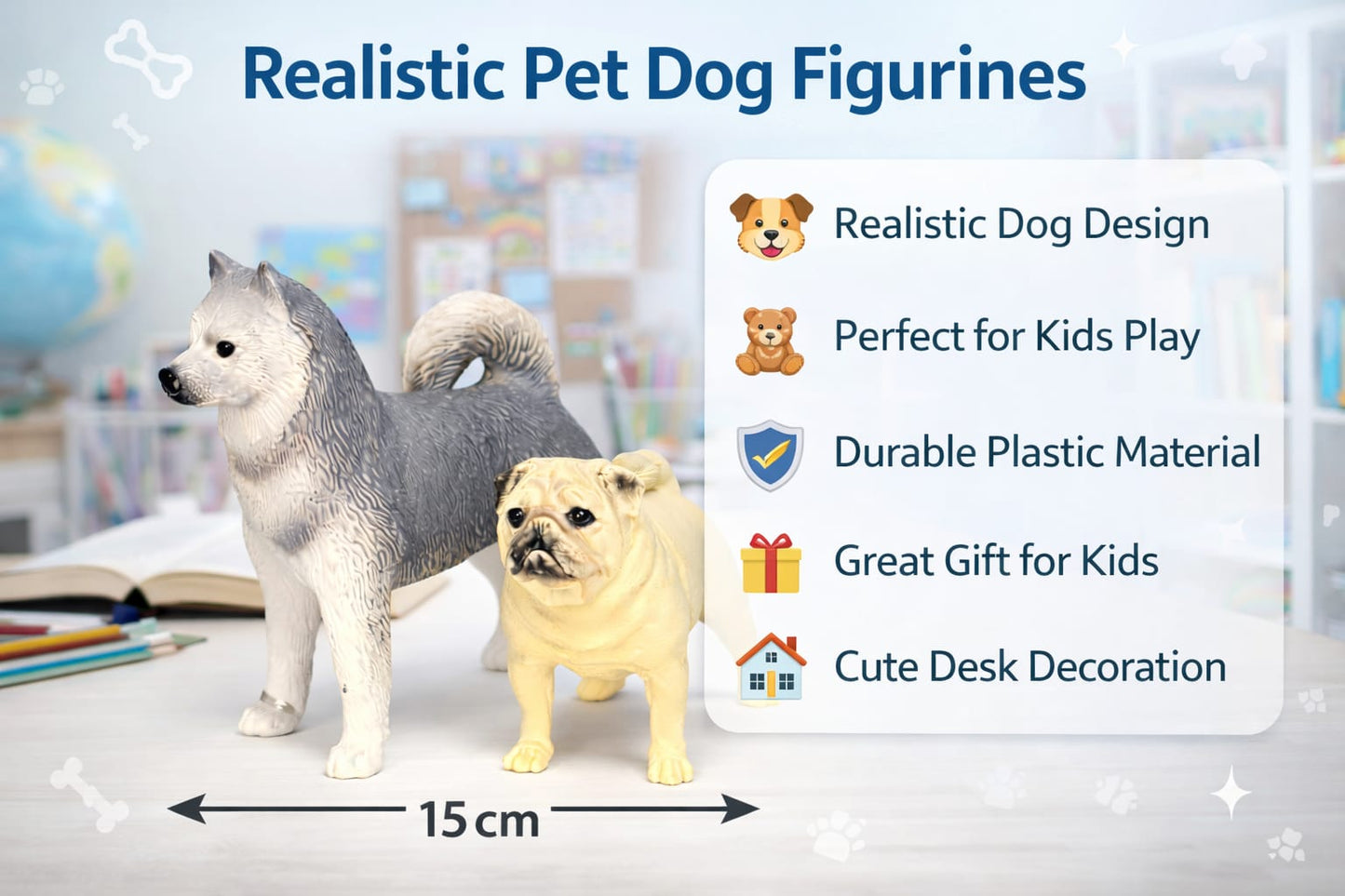 Realistic Dog Figurines Toy Set (Husky & Pug) – Durable Plastic Pet Dog Miniatures for Kids Play & Desk Decoration | Pack of 2