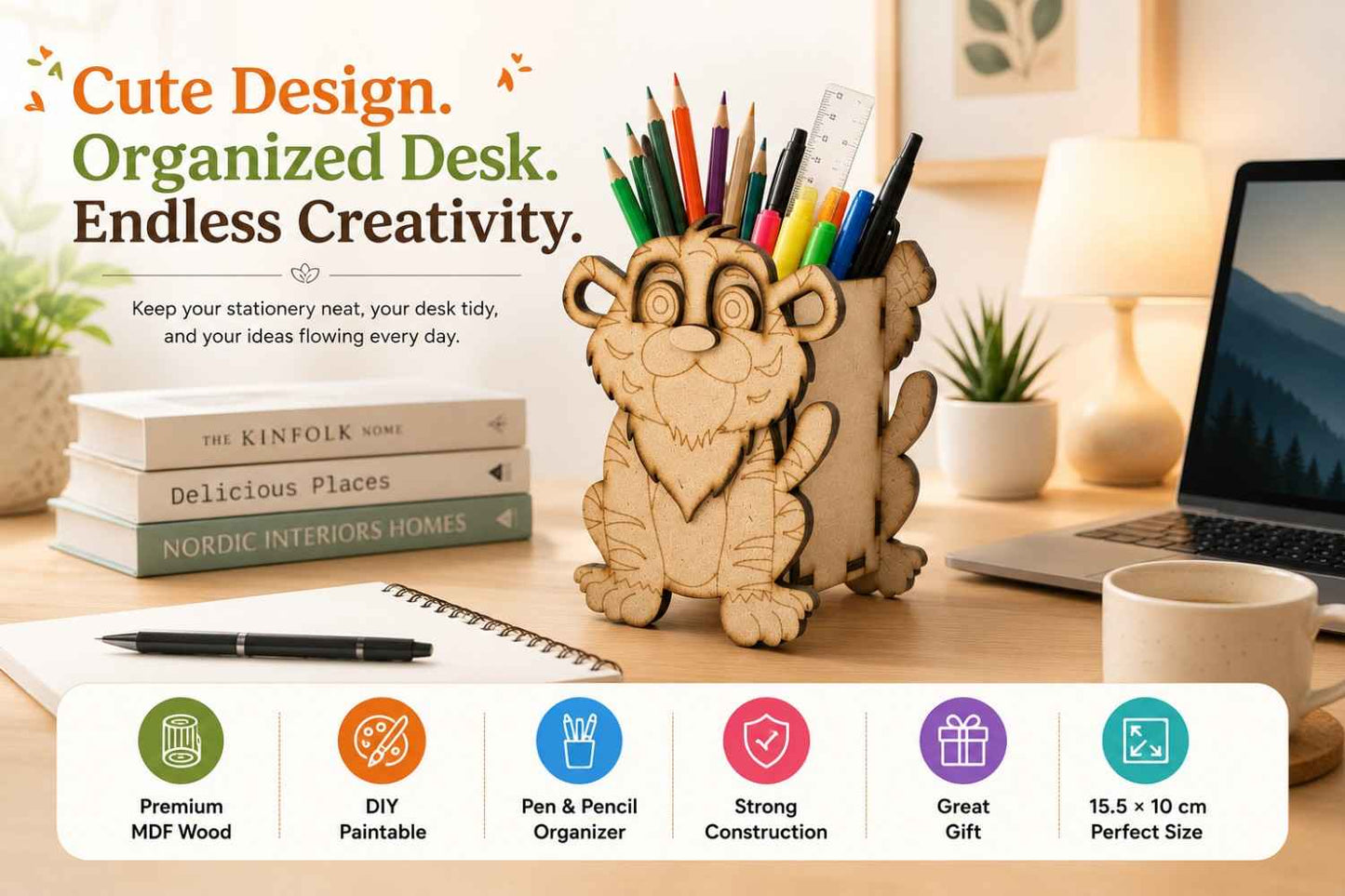 Tiger Wooden Pencil & Pen Holder | Premium MDF Desk Organizer | DIY Paintable Stationery Holder | 15.5 x 10 cm