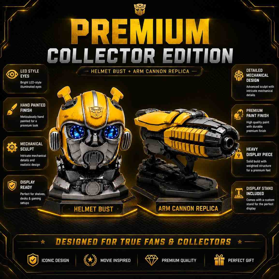 Bumblebee Helmet Bust & Arm Cannon Replica Combo – Premium Collector Display Set ( C0D NOT AVAILABLE)