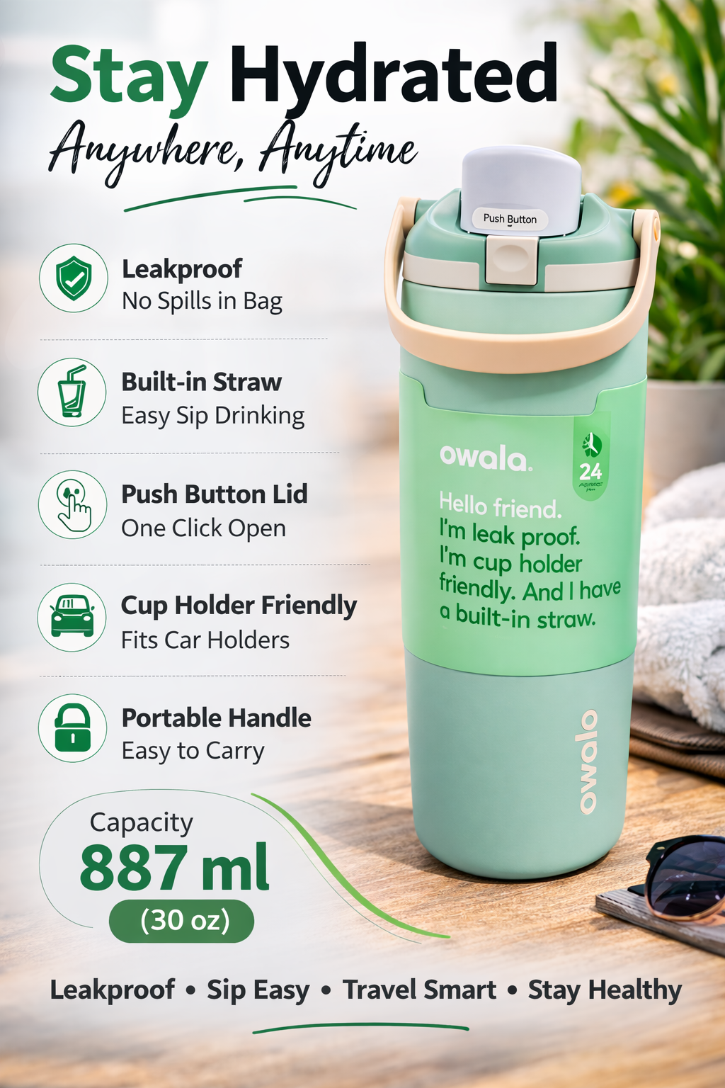 Leakproof Water Bottle/Shipper with Straw & Handle | Gym Sports Bottle Shipper | BPA Free | Boenjoy Gifts 887ml