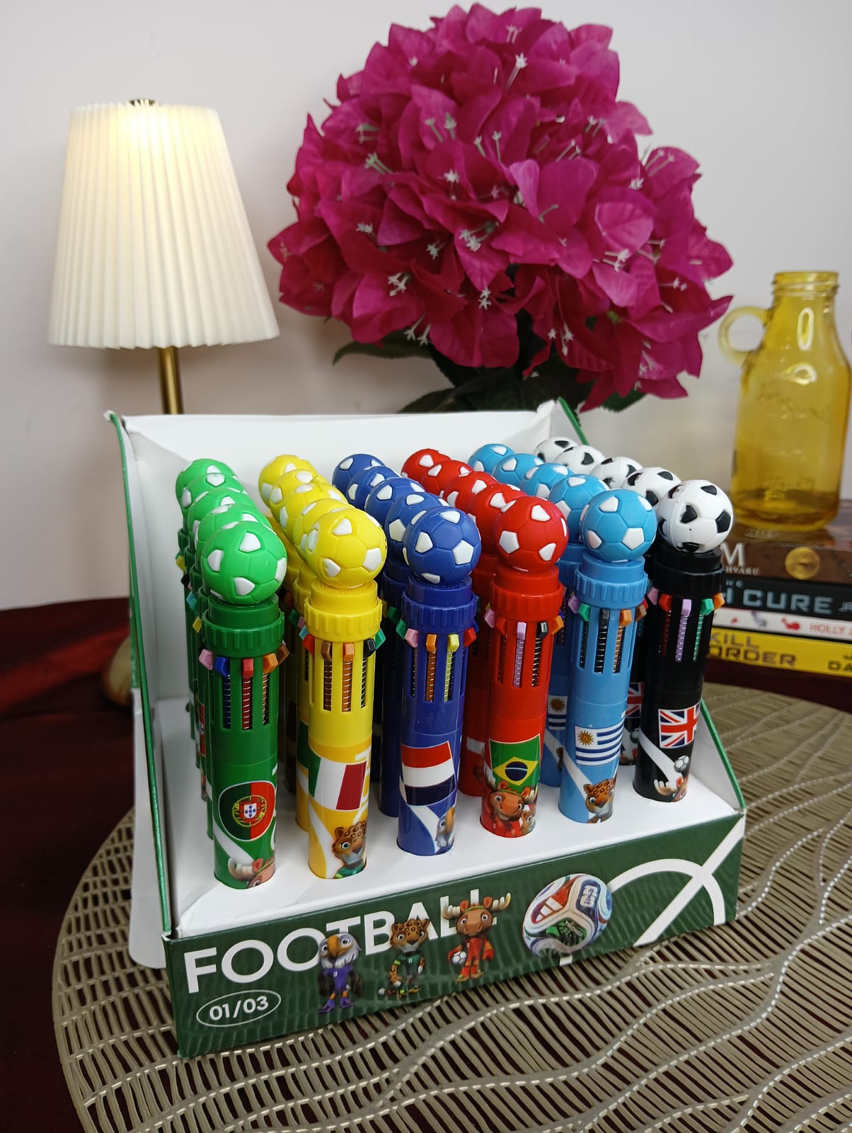 Football Theme 10-in-1 Multicolor Pen Set | 10 Color Retractable Ball Pen | Smooth Writing School Stationery | Pack of 3
