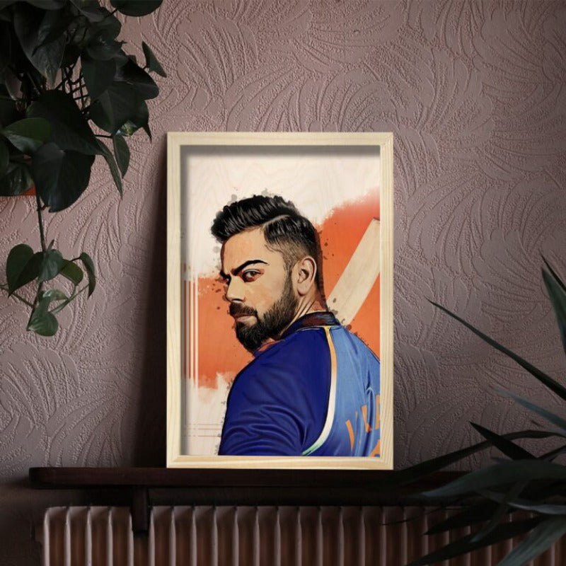 Virat Kohli (King Kohli) Wood Print with Frame | 12x8 inch - 3 mm wood with natural pine wood frame | Ink Infused into the Wood | 3 mm wood with natural pine wood frame | Cricket ; Indian Team ; Bleed Blue |