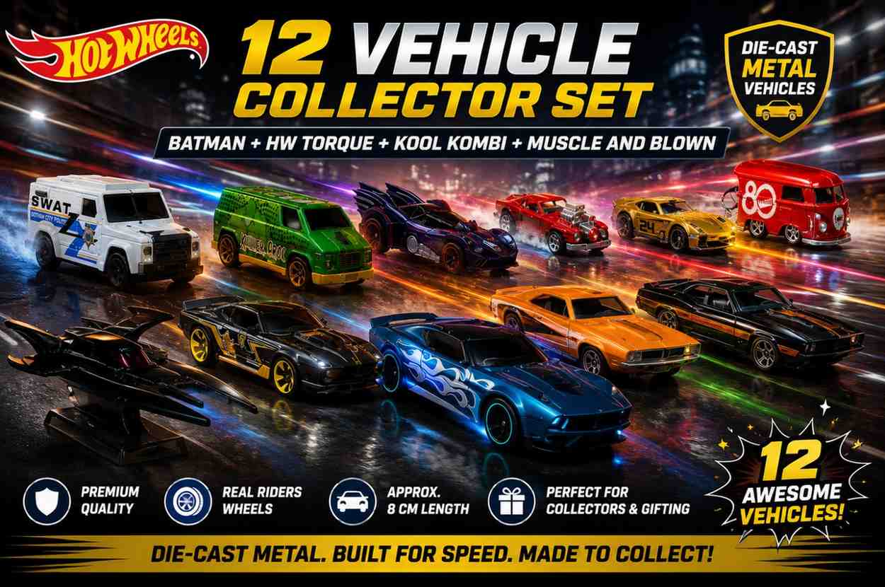 Hot Wheels 12-Piece Die-Cast Vehicle Collector Set | Batman, SWAT, Killer Croc, Catwoman, HW Torque, Muscle and Blown & Kool Kombi
