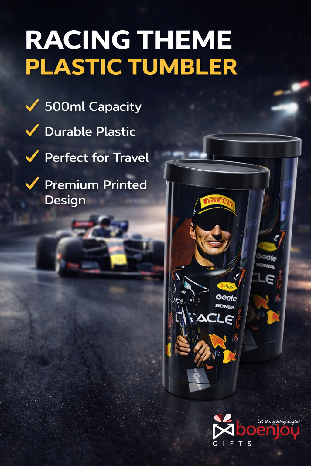 Racing Driver Printed Travel Mug with Lid – 500 ml Reusable Coffee Tumbler | Plastic Outer & Steel Inner | Leakproof Coffee Cup for Office, Car & Travel – Black