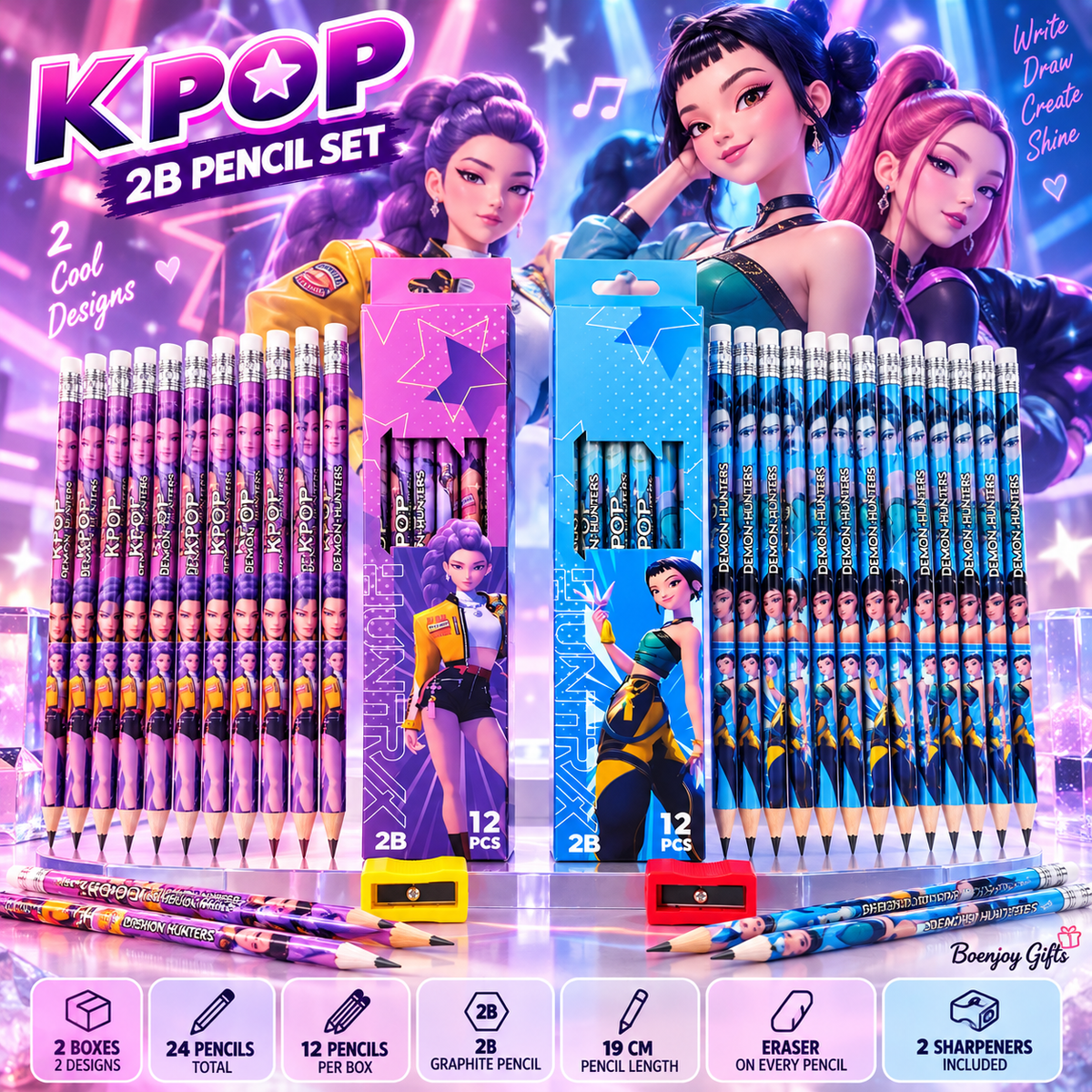 K POP 2B Pencil Set – 24 Pencils with 2 Boxes, 2 Sharpeners & Erasers