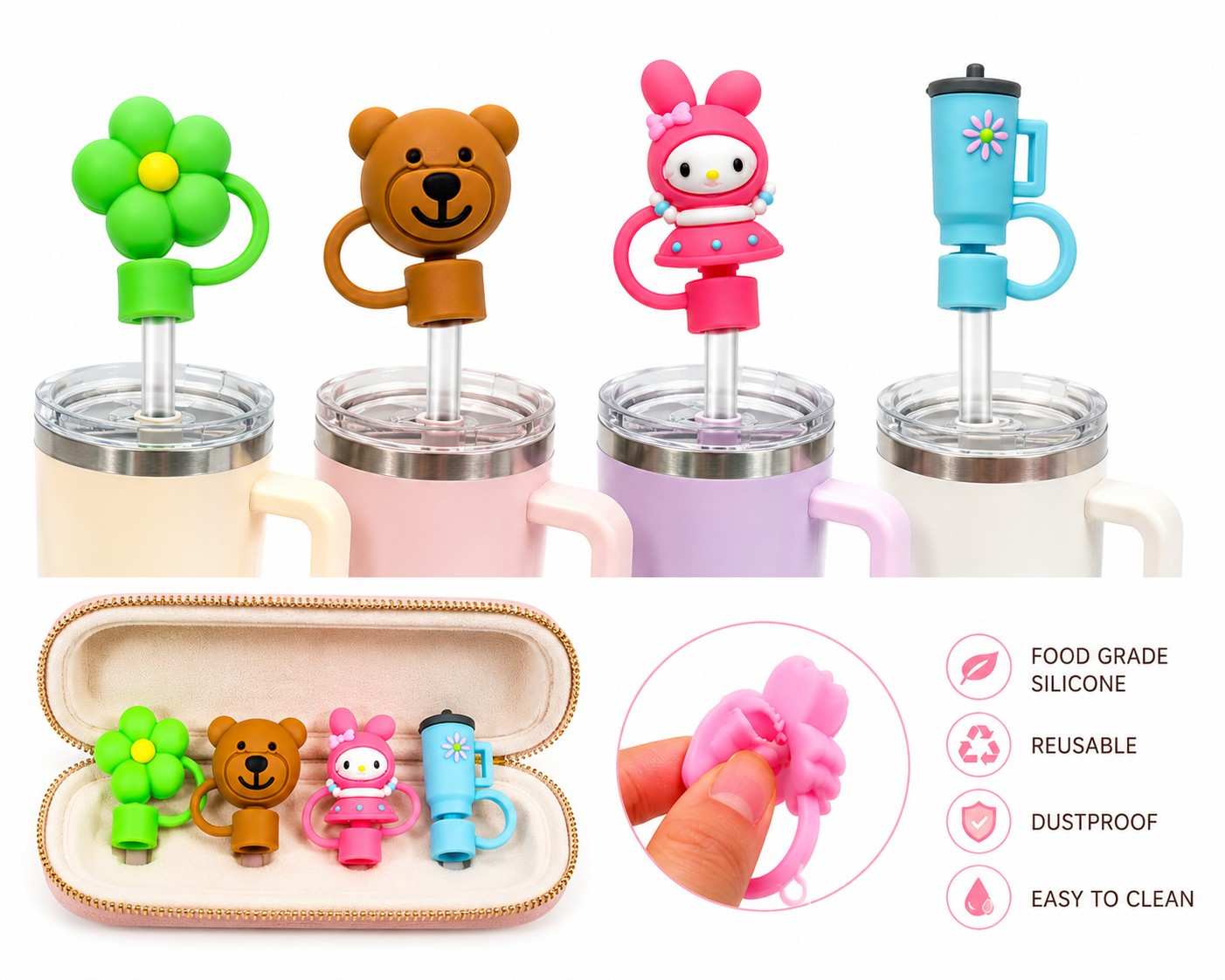 Silicone Straw Cover Caps Set of 4 for Tumblers | Cute Random Character Straw Toppers