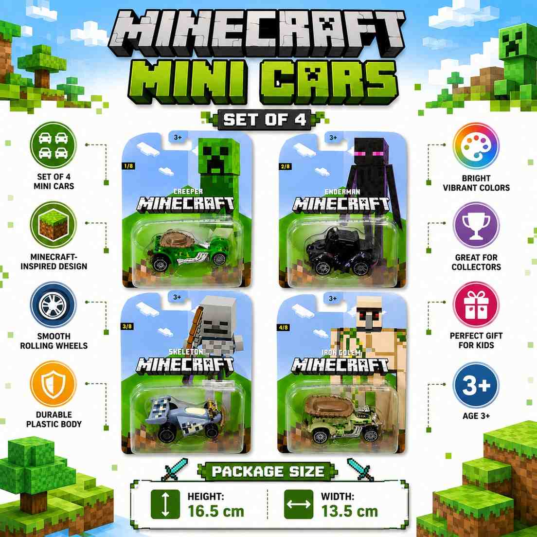 Minecraft Mini Cars Set of 4 – Creeper, Enderman, Skeleton & Iron Golem Collectible Toy Cars | Individually Packed Gift Set for Kids 3+