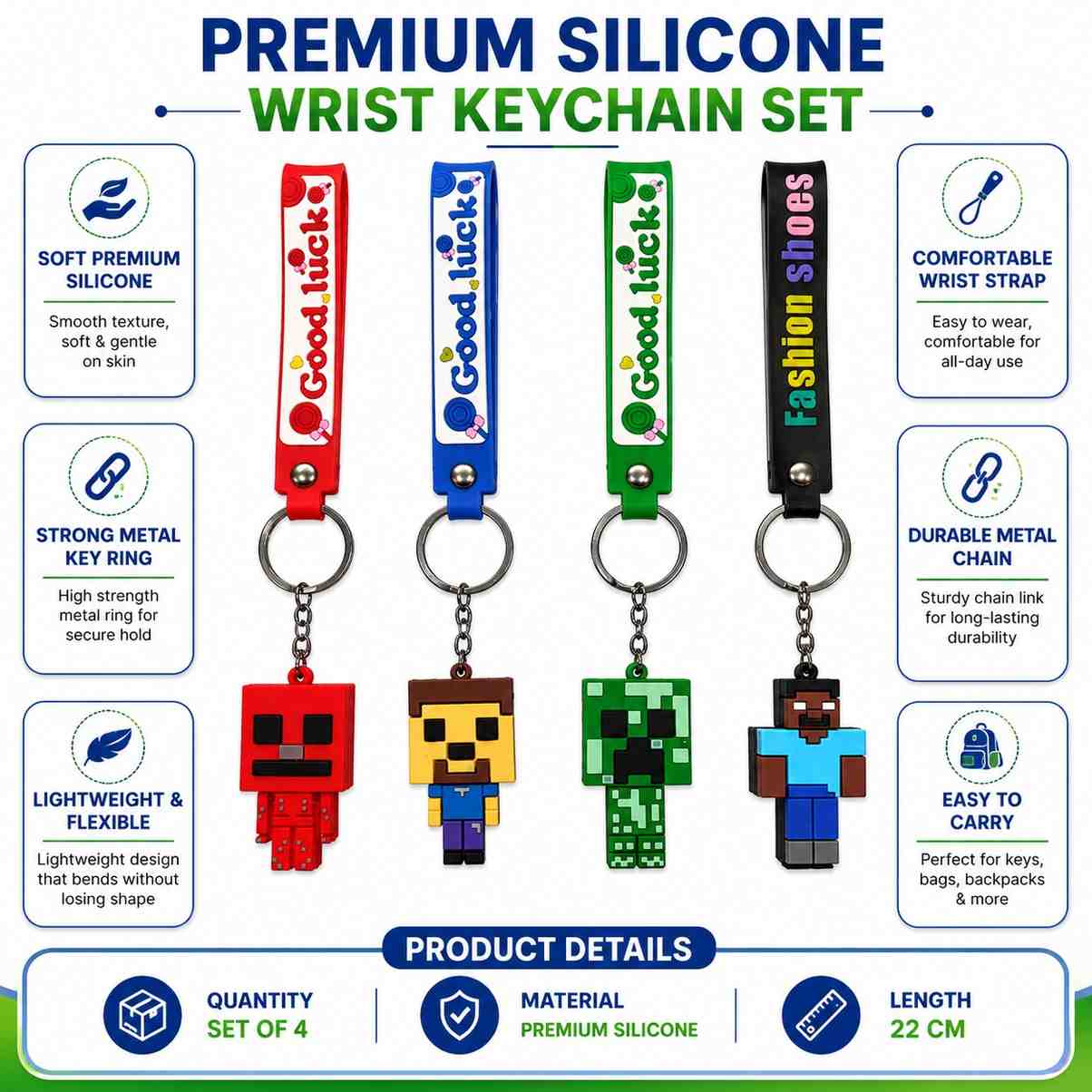 Minecraft Inspired Silicone Wrist Keychain Set of 4 | Steve, Creeper, Herobrine & Redstone Character Keychain | Premium Silicone Wrist Strap Key Holder for Keys, Bags & Backpacks