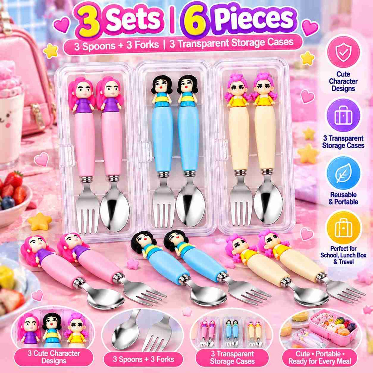 K POP Demon Hunter Hunterix Rumi Meera Zoey Spoon & Fork Set for Kids, Girls & Women – 3 Sets, 6 Pieces with 3 Transparent Storage Cases