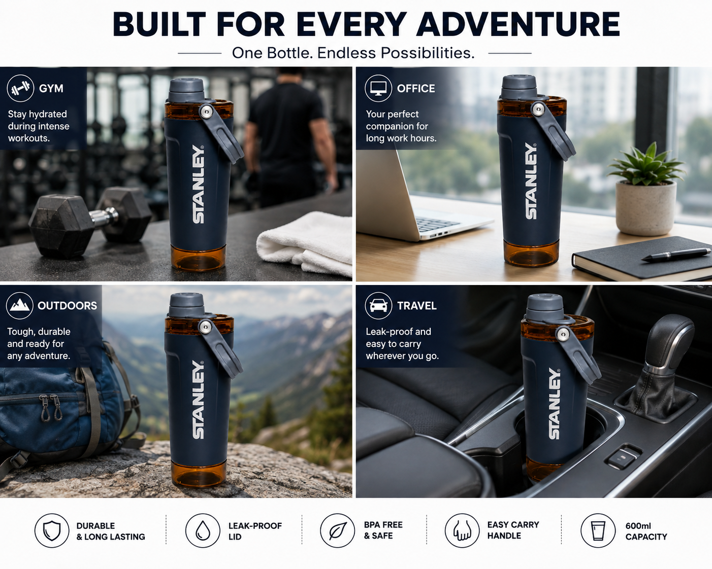 Stanley Water Bottle with Flip Lid, Removable Strainer & Foldable Carry Handle 600ml – Random Colour( Cod Not Available)