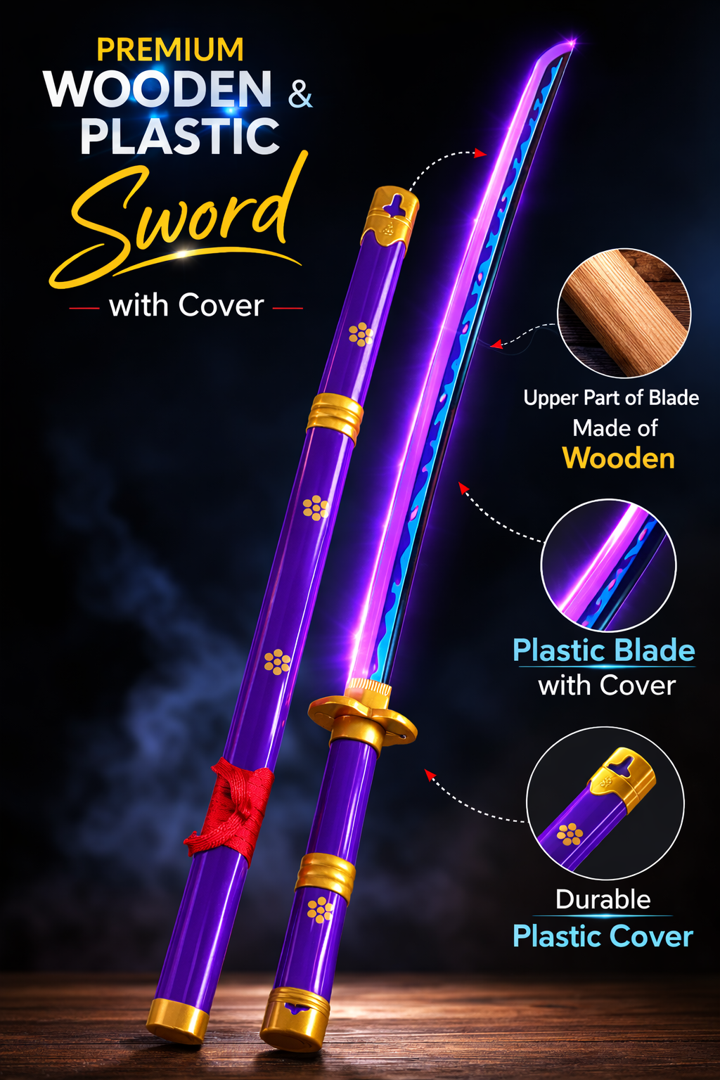 Premium LED Purple Samurai Sword with glowing plastic blade and wooden upper part. Lightweight, safe and durable toy sword with plastic cover. Perfect for cosplay, decoration and kids play. Length 104cm (ENMA VIOLET)