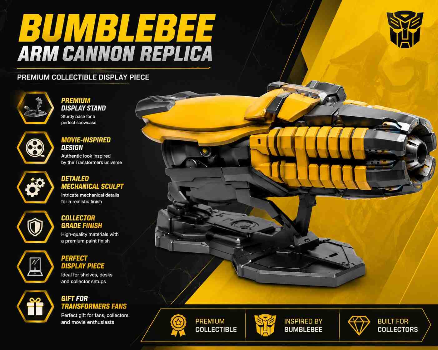 Transformers Bumblebee Arm Cannon Replica Collectible Display Model with Stand | Premium Sci-Fi Collector Edition (COD NOT AVAILABLE)