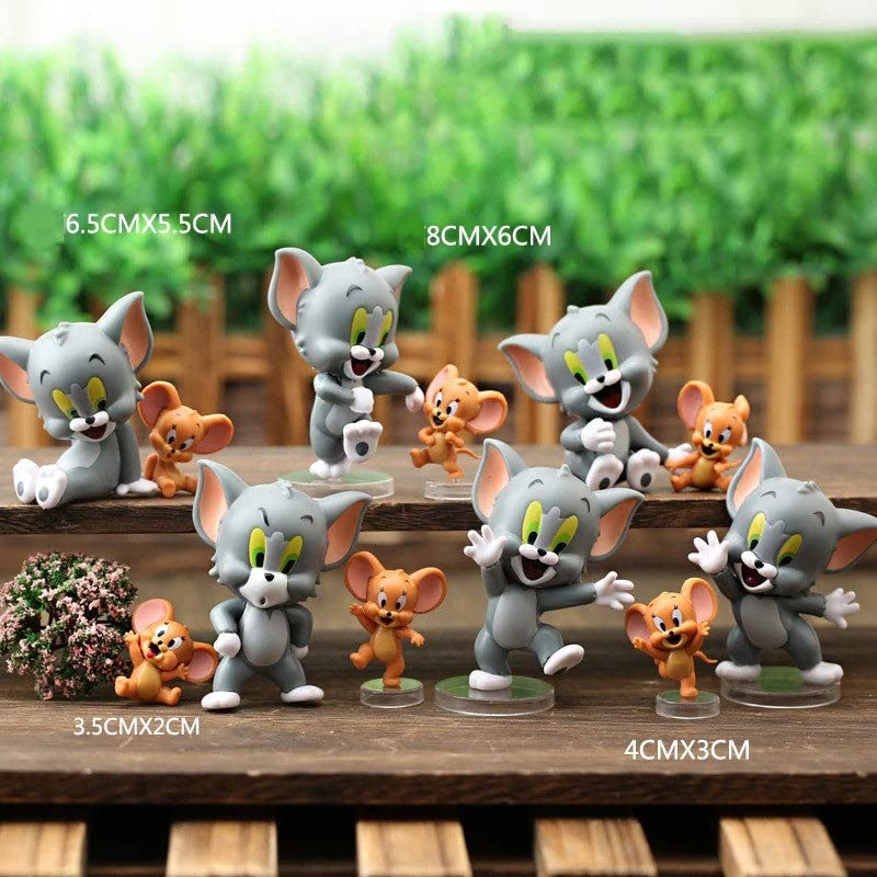 Tom & Jerry - 6 sets of 2 Figures - Action Figure | Best Animated Most Loved Cartoon | 6.5cm | Cat & Mouse Partners | Cake Toppers | Room Garden | Red Base not Included |