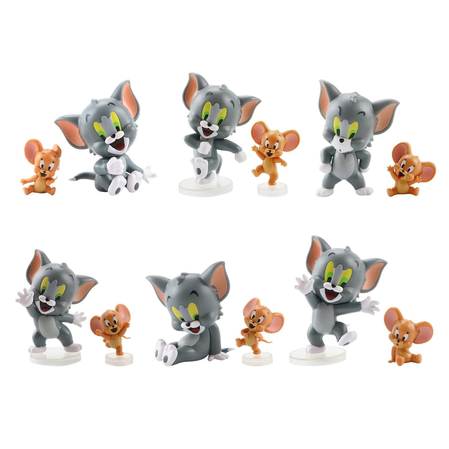 Tom & Jerry - 6 sets of 2 Figures - Action Figure | Best Animated Most Loved Cartoon | 6.5cm | Cat & Mouse Partners | Cake Toppers | Room Garden | Red Base not Included |