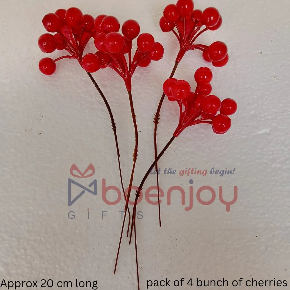 cherries pack of 4 bunch | Artificial cherries Christmas Red cherries Fake Burgundy cherries Picks for Christmas Tree, Crafts, Wedding, Home Decor | Approx 20 cm long
