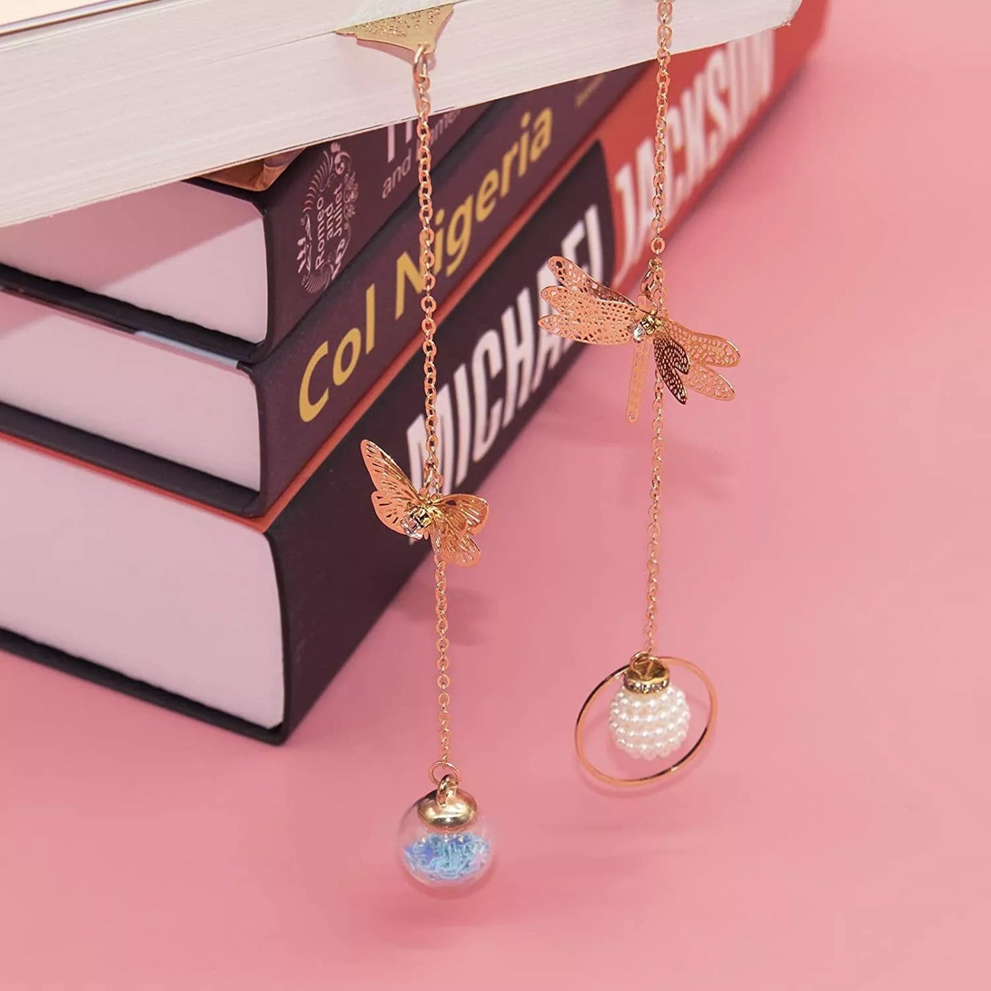 Elegant Metal Leaf & Butterfly Bookmark with Glass Ball Charm – Vintage Gold Page Marker for Book Lovers