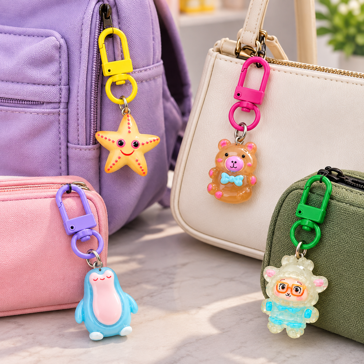 Phone Charms for Girls Set of 4, Cute Random Assorted Designs 6 cm, Colorful Carabiner Keychain Charms for Mobile Phone, Backpack, Handbag & Pouch