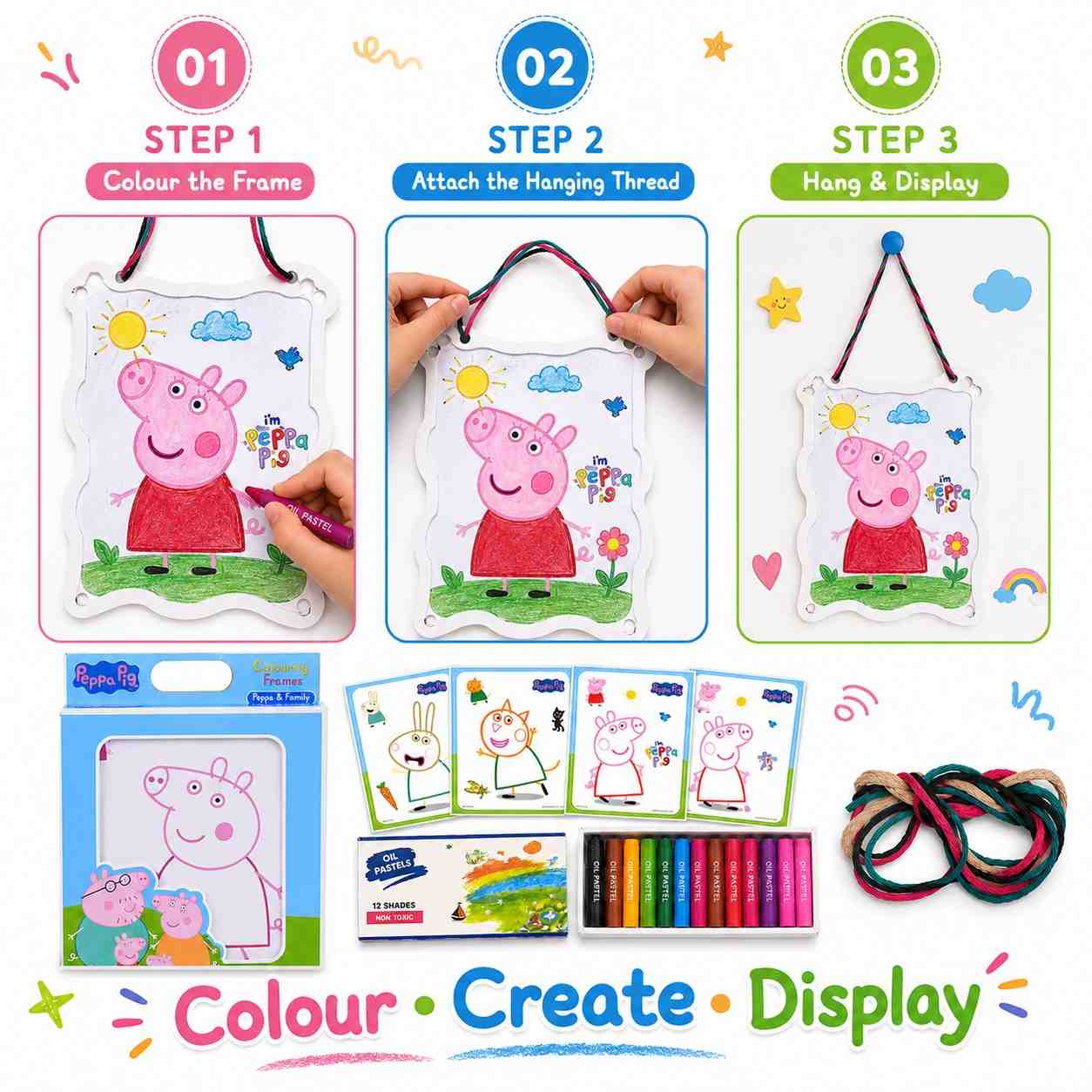 Peppa Theme Colouring Frames Kit with 6 Colouring Sheets, 12 Oil Pastels & Hanging Thread | DIY Kids Art & Craft Activity