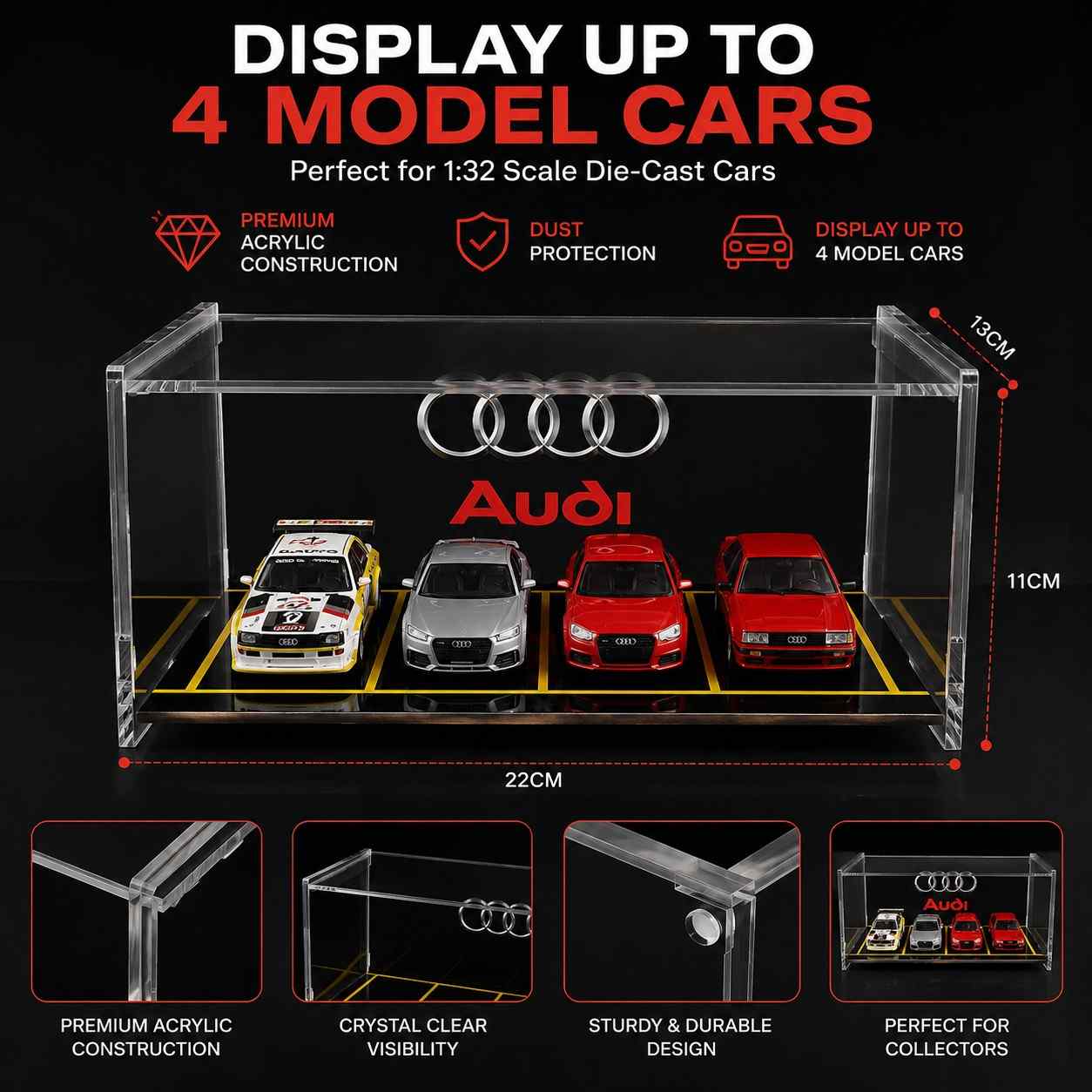 Audi Inspired Acrylic Garage Display Case for 4 Die-Cast Model Cars (22 x 13 x 11 cm) | Premium Dustproof Collector Showcase Box