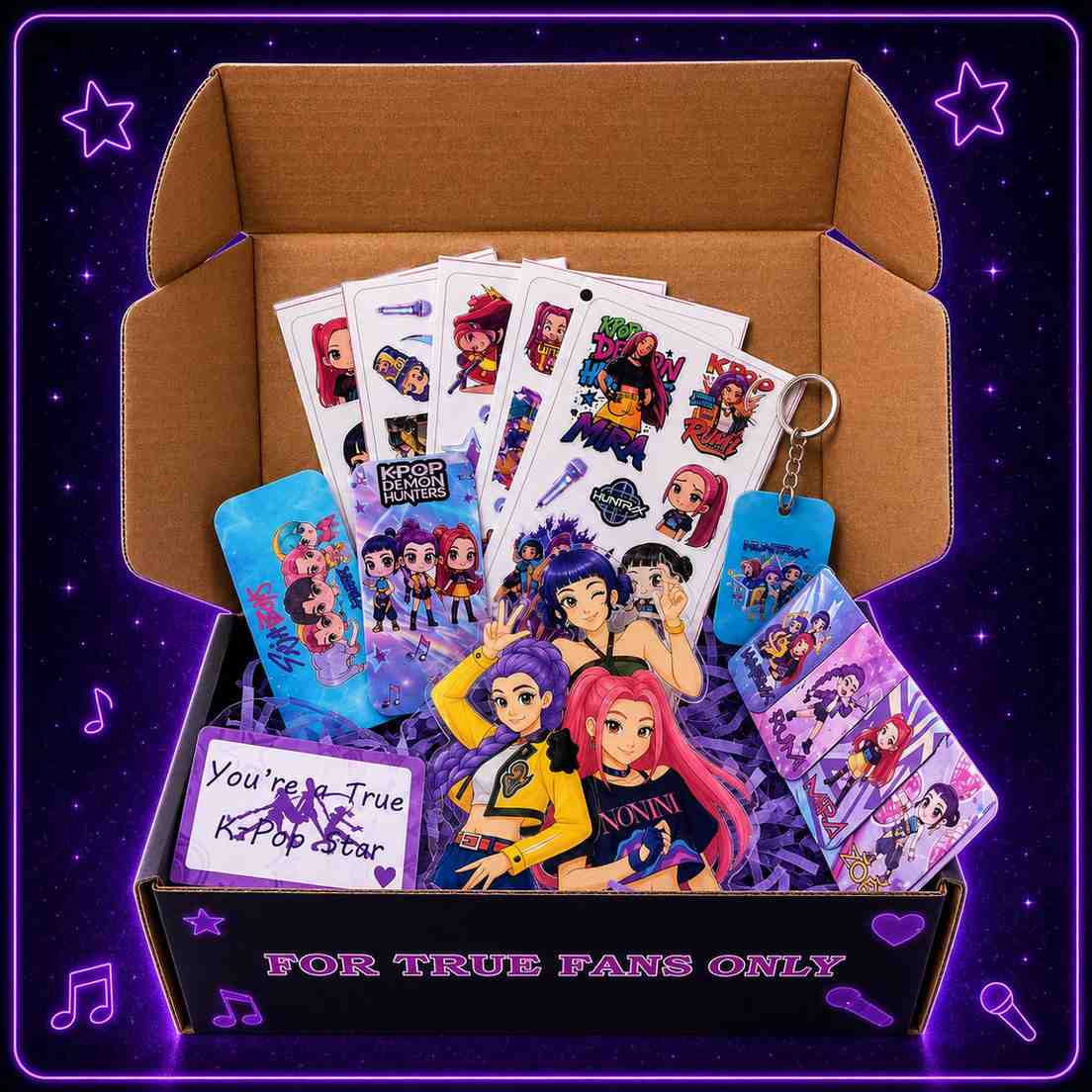 K-Pop Demon Hunters Inspired Ultimate Fan Combo Pack | Acrylic Standee, Magnetic Bookmarks, Keychain, Fridge Magnets & Sticker Sheets