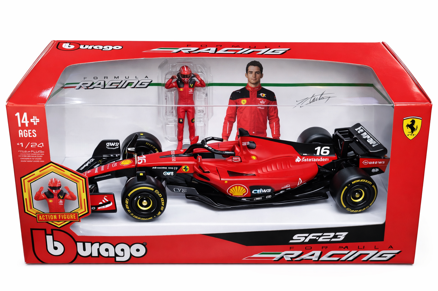 Bburago Ferrari SF23 Formula Racing Car No.16 1:24 Scale with Driver Figure – Diecast Model Toy (Ages 14+)