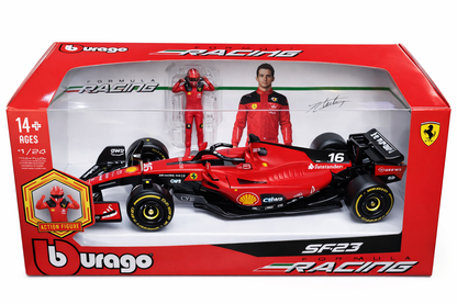 Bburago Ferrari SF23 Formula Racing Car No.16 1:24 Scale with Driver Figure – Diecast Model Toy (Ages 14+)