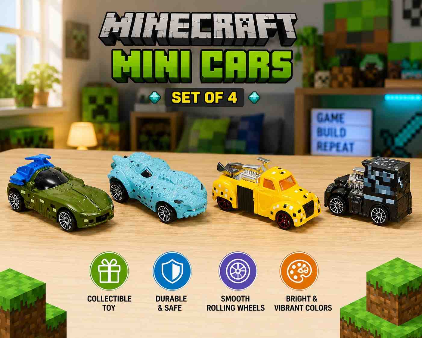 Minecraft Zombie Spider Ocelot Mini Cars Set of 4 Collectible Toy Vehicles for Kids | Zombie Car, Spider Car, Ocelot Blue & Ocelot Yellow