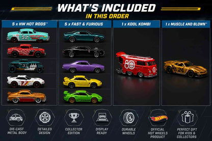 Hot Wheels Collector Bundle – HW Hot Rods 5-Pack, Fast & Furious 5-Pack, Kool Kombi & Muscle and Blown Die-Cast Cars