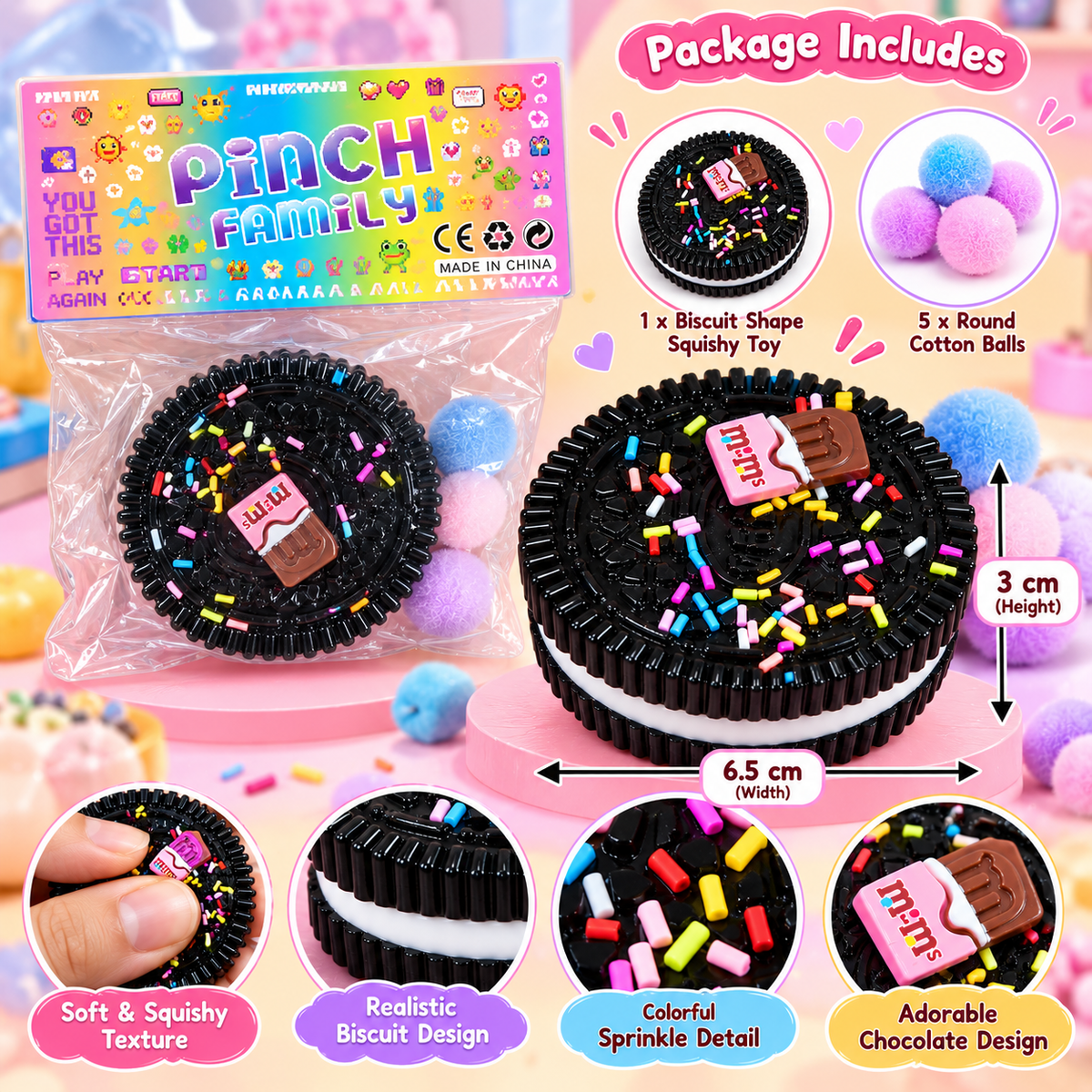 Biscuit Shape Squishy Toy with 5 Round Cotton Balls | Soft Sensory Fidget & Squeeze Toy for Kids, Teens & Adults