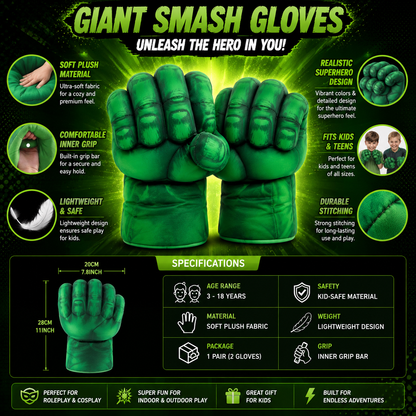 Hulk Smash Gloves for Kids | Giant Green Superhero Fist Gloves | Soft Plush Roleplay Toy ( COD NOT AVAILABLE)
