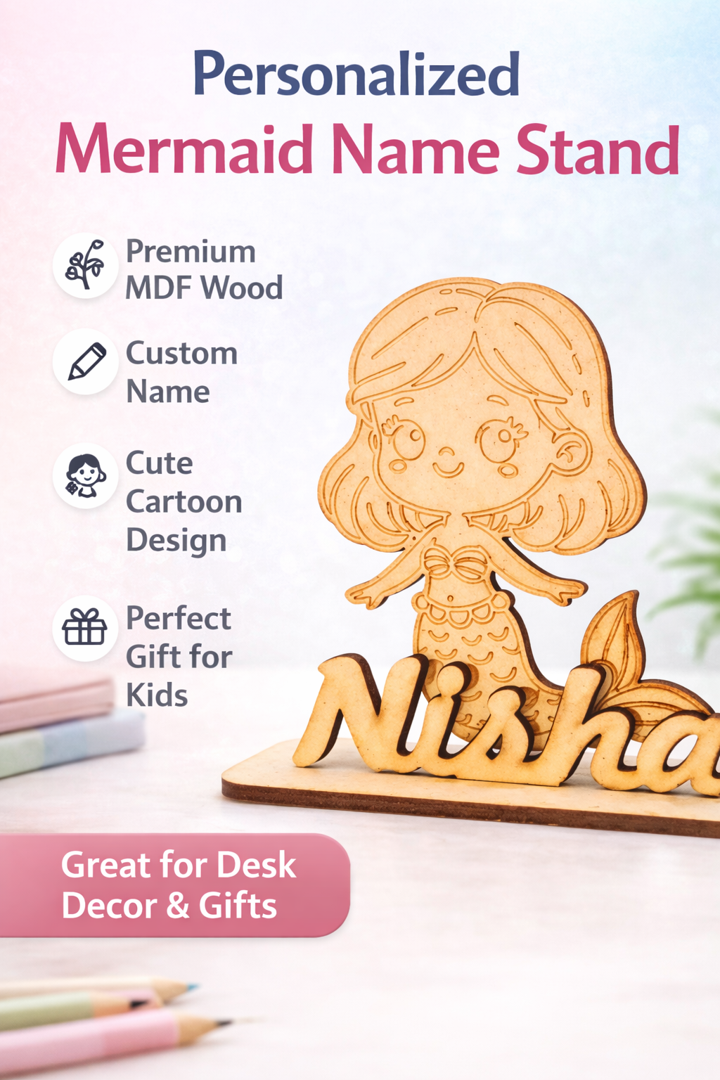 Personalized Mermaid Name Standee | Custom MDF Name Plate | Kids Room Decor | Wooden Cartoon Name Sign | Gift for Girls