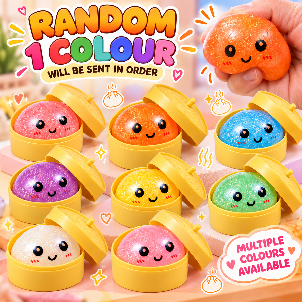 Momos Theme Squishy Toy – Cute Glittery Soft Squeeze & Sensory Fidget Toy with Yellow Steamer Box, Random Colour