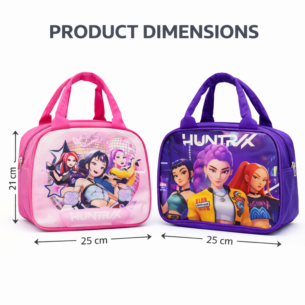 K POP  Demon Hunters Lunch Bag for Kids Girls – Stylish Insulated Handbag, Durable Fabric, Spacious Zipper Compartment, Lightweight Lunch Box (Pink & Purple) – Random 1 Pc
