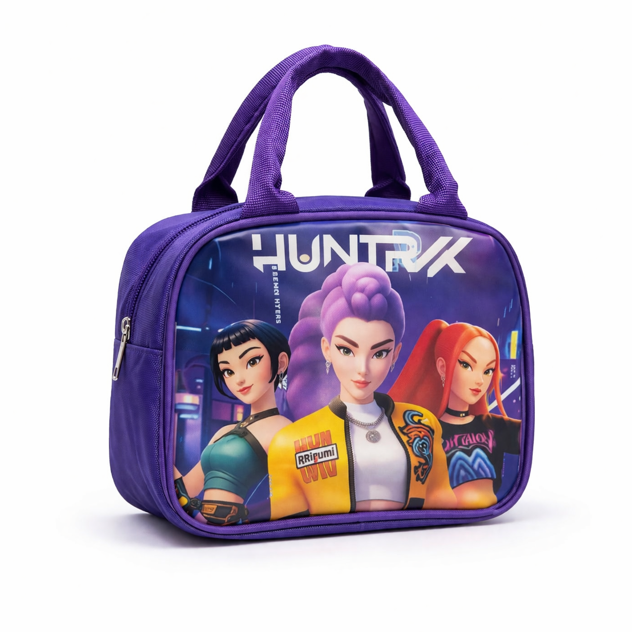 K POP  Demon Hunters Lunch Bag for Kids Girls – Stylish Insulated Handbag, Durable Fabric, Spacious Zipper Compartment, Lightweight Lunch Box (Pink & Purple) – Random 1 Pc