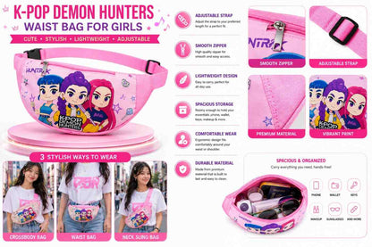 K-Pop Demon Hunters Waist Bag for Girls – Rumi, Mira & Zoey Cartoon Crossbody Sling Bag, Adjustable Travel Fanny Pack