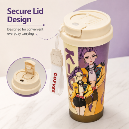 K-Pop Demon Hunters Printed Compact Tumbler with Flip-Top Lid & Carry Strap – 19 cm Portable Travel Cup for Hot & Cold Drinks
