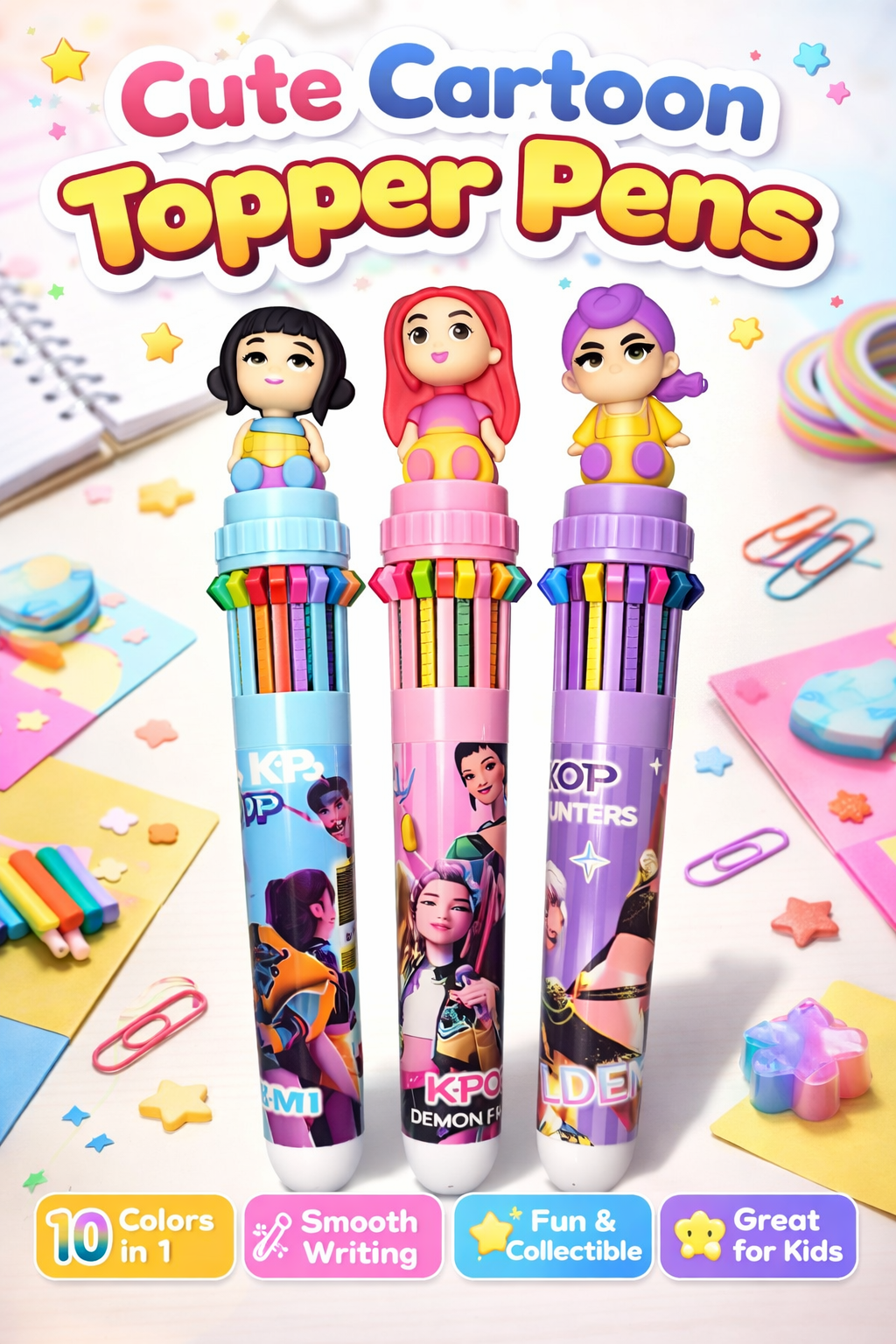 K POP Demon Hunters Multicolor 10-in-1 Retractable Pen Set with Cute Doll Topper | Cartoon Multi Ink Pen for Kids, School, Office & Gifts (Pack of 3)