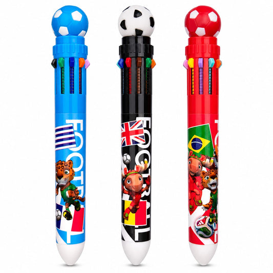 Football Theme 10-in-1 Multicolor Pen Set (Pack of 3) | Retractable 10 Color Ball Pens for Boys & Girls