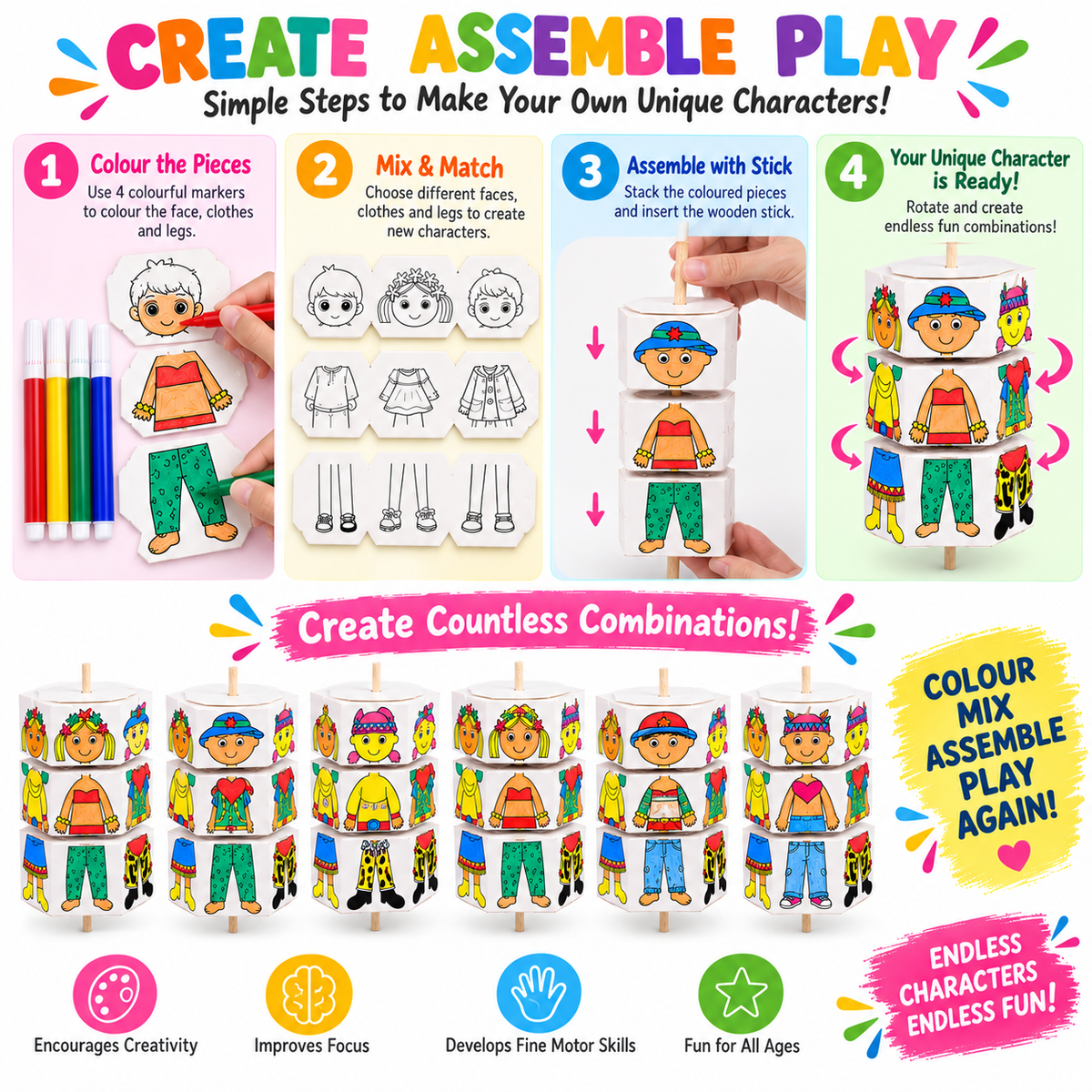 Kids Colouring Kit DIY Craft Toy Set of 10 Set | Mix & Match Character Making Activity Set with 4 Colour Markers & Wooden Stick