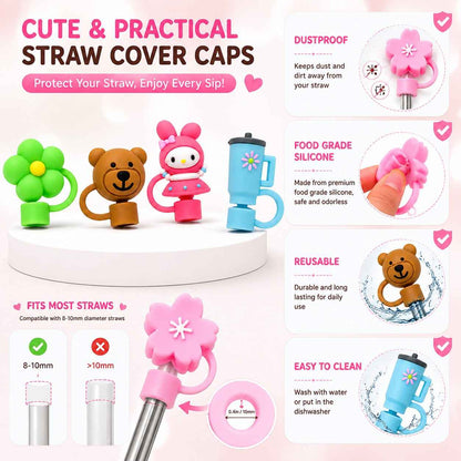 Silicone Straw Cover Caps Set of 4 for Tumblers | Cute Random Character Straw Toppers