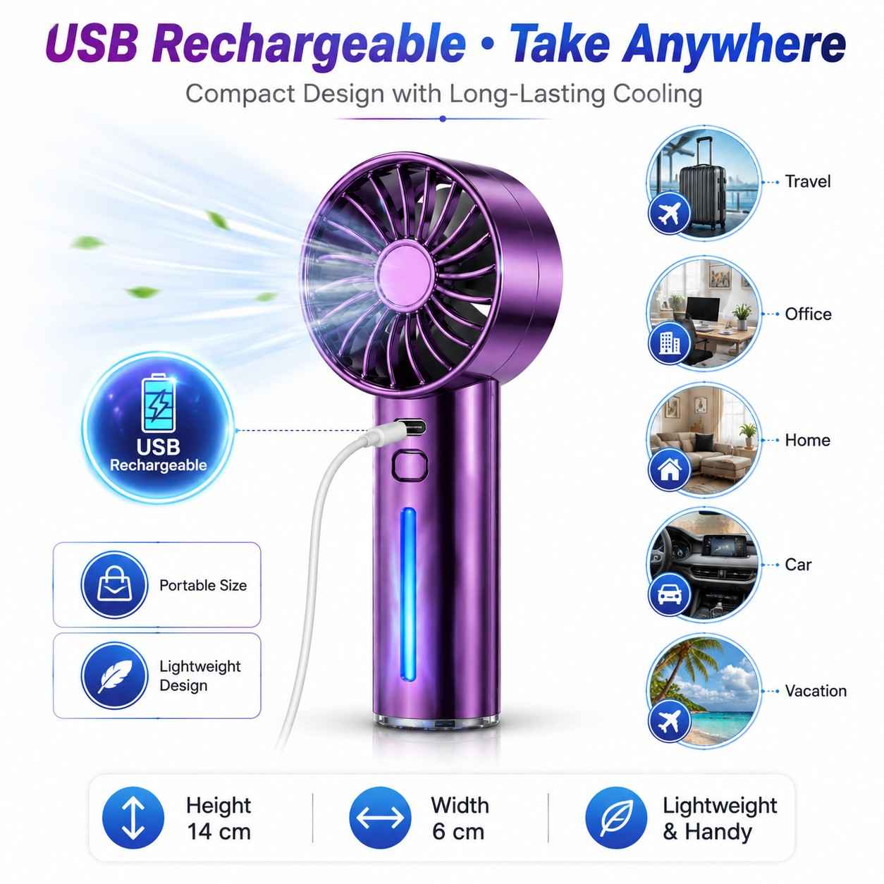 Portable Rechargeable Spray Fan with Mist – USB Mini Handheld Cooling Fan, Metallic Purple (RANDOM 1 PCS)