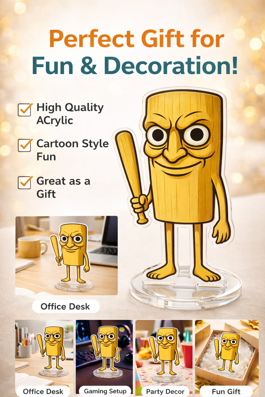 Tung Tung Sahur Acrylic Standee | Cartoon Character Desk Decor with Acrylic Base | Cute Mini Figurine for Office, Gaming Setup & Home | Unique Gift Item (15 cm)