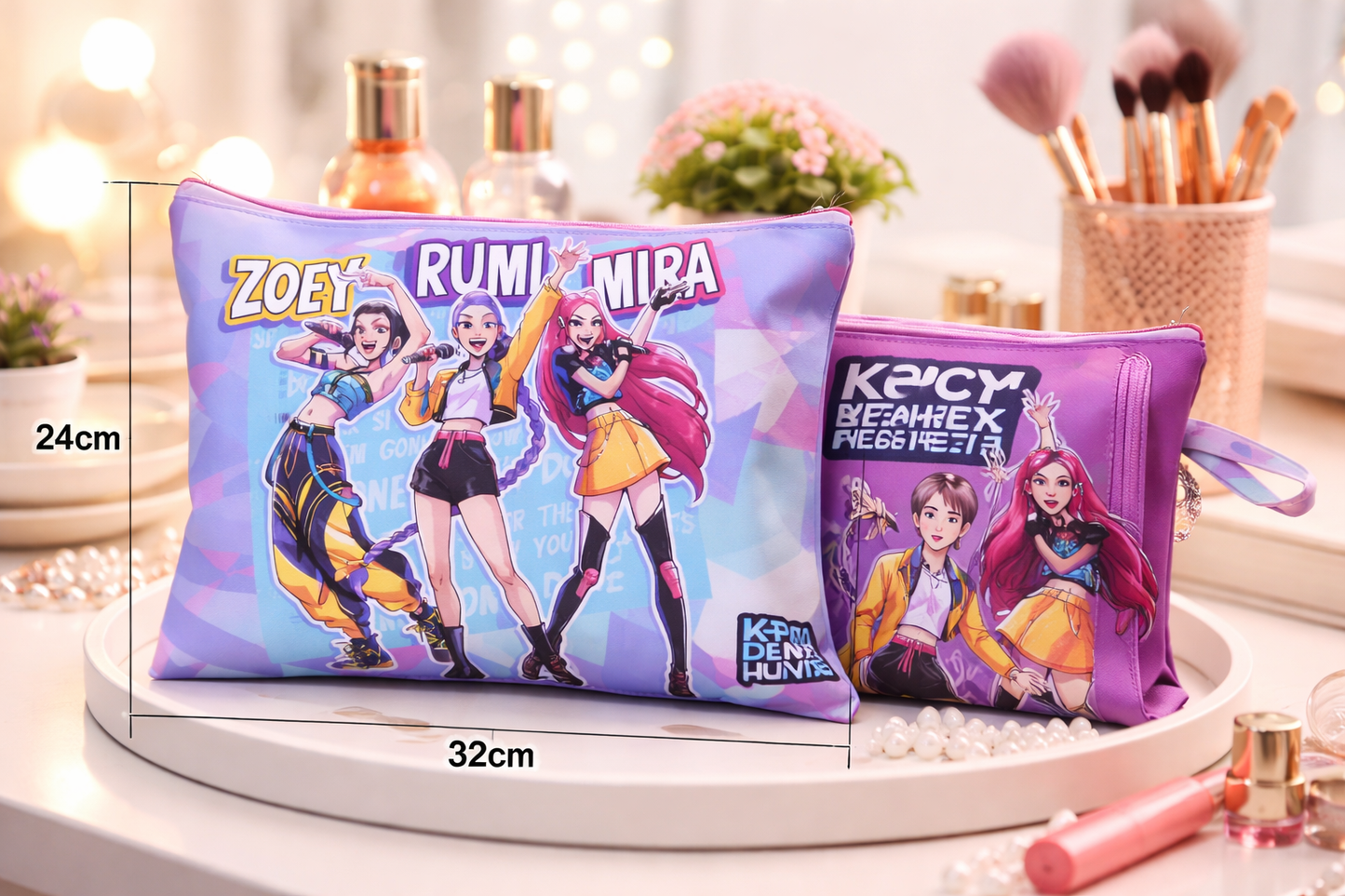 K POP  Demon Hunters Printed Folder | Stylish Multipurpose Makeup & Stationery Organizer for Girls & Kids | Zipper Travel Cosmetic Bag | 1 Random PCS (A4 Size 30 * 22 cm)