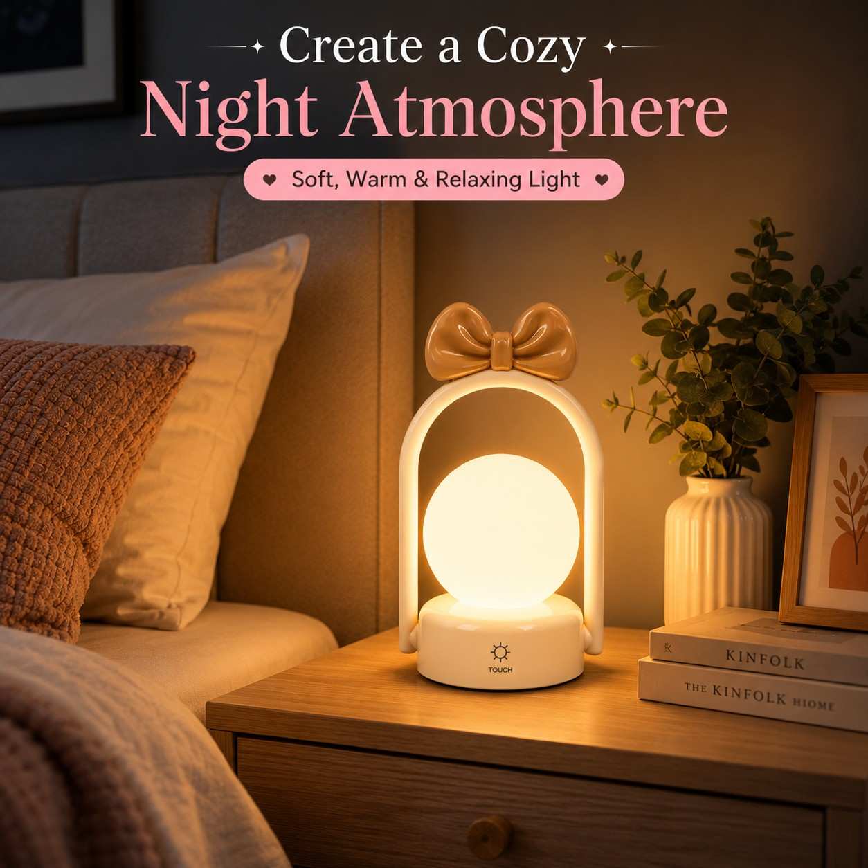 LED Bow Night Lamp Rechargeable Touch Control Bedside Lamp | Random 1 Design | Cute Portable Night Light for Kids Bedroom Nursery