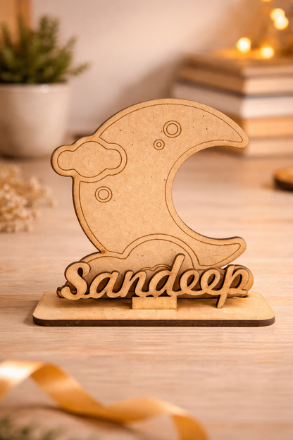 MDF Wooden Name Standee with Moon Design | Custom Name Desk Decor | Laser Cut Wooden Name Plate | Unique Gift for Kids, Birthday, Anniversary, Home & Office Decor