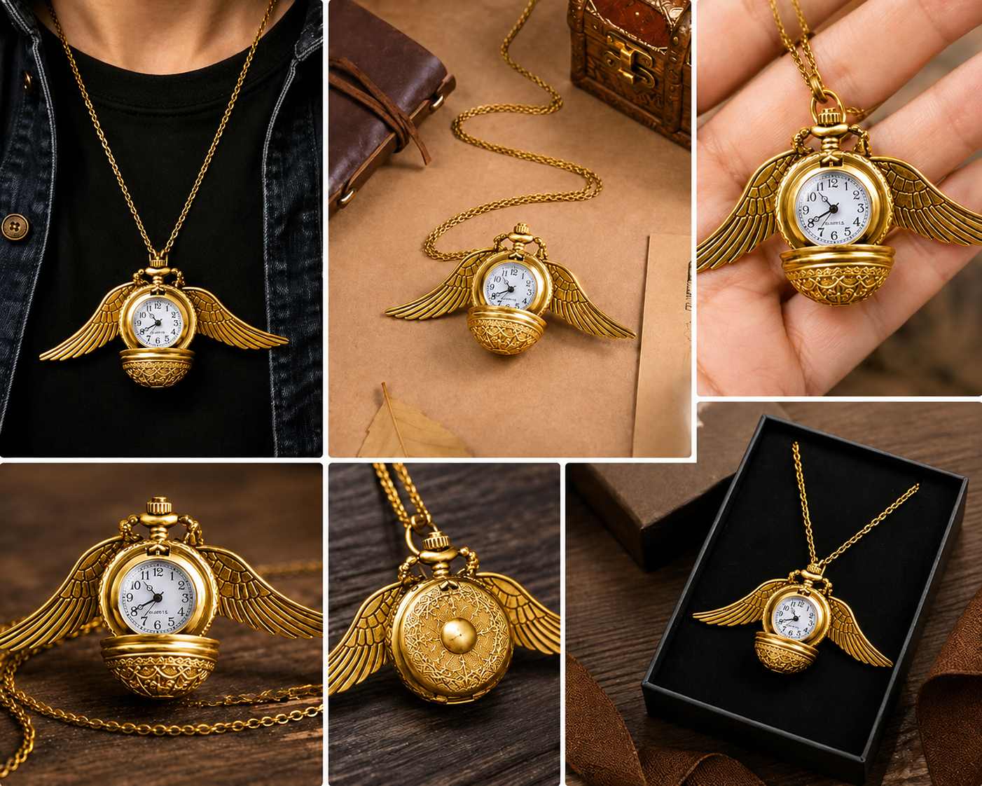 Harry Potter Golden Winged Pocket Watch Necklace with Long Chain – Vintage Quartz Pendant Watch for Men & Women