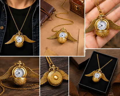 Harry Potter Golden Winged Pocket Watch Necklace with Long Chain – Vintage Quartz Pendant Watch for Men & Women