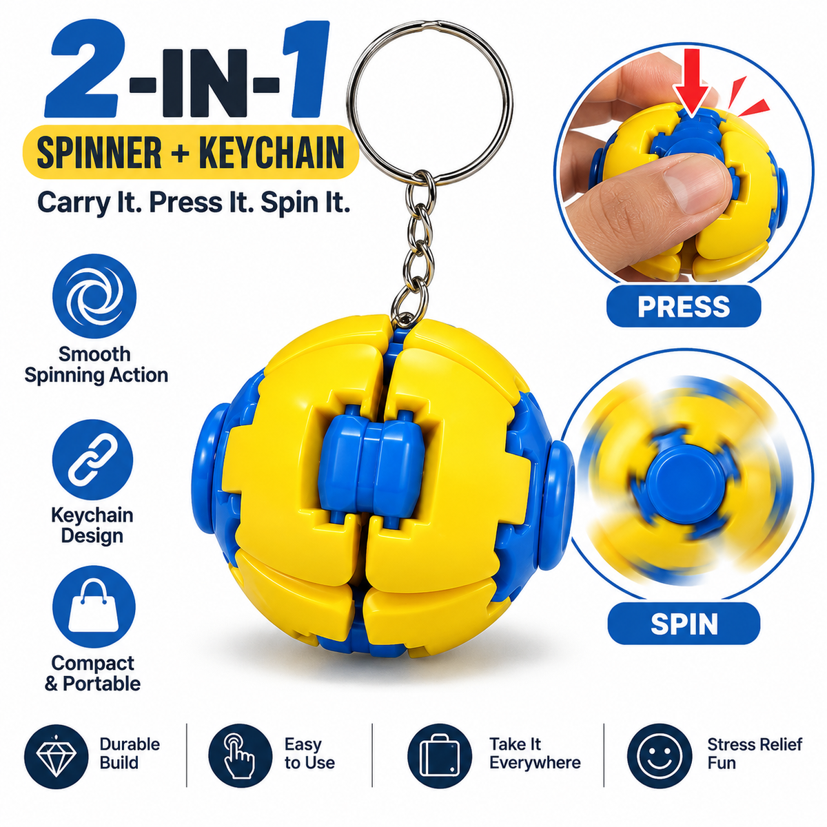 2-in-1 Spinner Keychain – Yellow & Blue Press-to-Spin Pocket Toy (Random Colour 1 Pc)