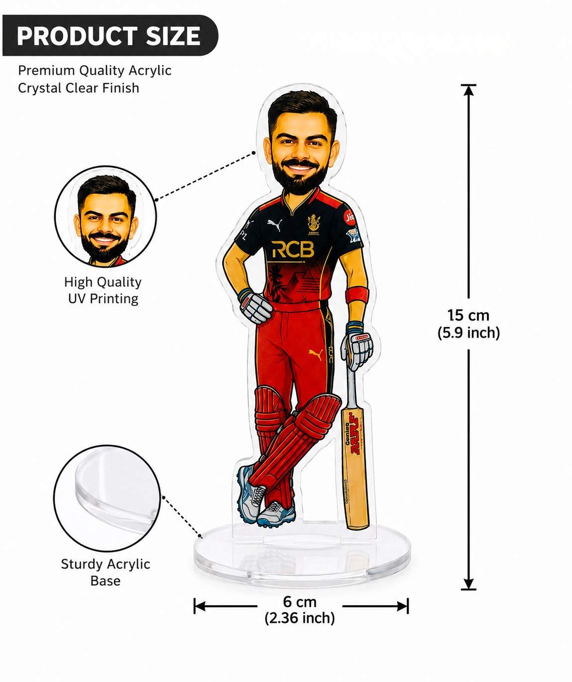 Virat Kohli RCB Acrylic Standee 15cm | Royal Challengers Bengaluru Cricket Fan Collectible Desk Decor